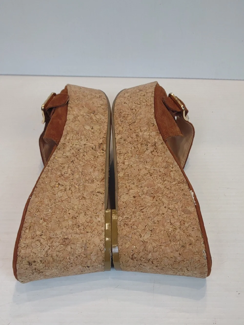 Dolce Vita Hazelwood Brown Suede Cork Wedge Slide with Gold-Tone Buckle Detail